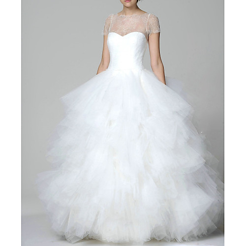 

Ball Gown Wedding Dresses Jewel Neck Sweep / Brush Train Lace Tulle Short Sleeve Formal with Cascading Ruffles 2021