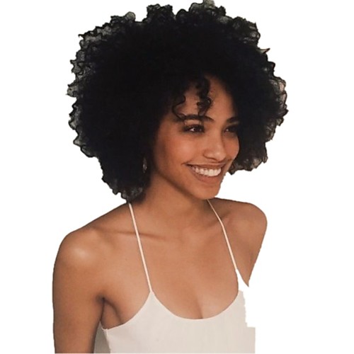 

Human Hair Wig Medium Length Afro Curly With Bangs Natural Women Sexy Lady New Capless Brazilian Hair Women's Natural Black #1B 12 inch 14 inch 16 inch