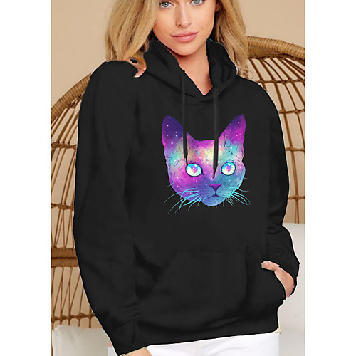 

Women's Pullover Hoodie Sweatshirt Cat Graphic 3D Front Pocket Daily Basic Casual Hoodies Sweatshirts Black