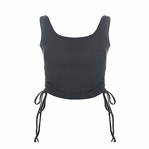 

women drawstring side tie ruched sleeveless vest crop top tank crop cami top(black,l)