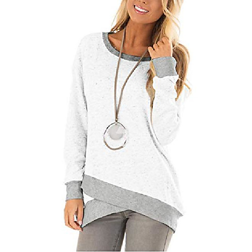 

women's casual color block long sleeve round neck cross front hem sweatshirts loose blouse tunic tops white