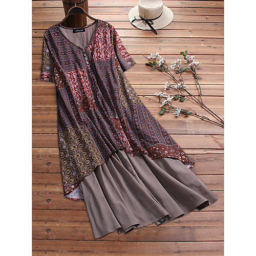

Women's A Line Dress Midi Dress Blue Red Green Light Blue Short Sleeve Print Patchwork Print Fall V Neck Casual 2021 M L XL XXL 3XL 4XL 5XL / Plus Size