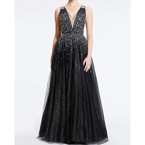 

A-Line Plunging Neck Maxi Tulle / Stretch Satin Bridesmaid Dress with Beading