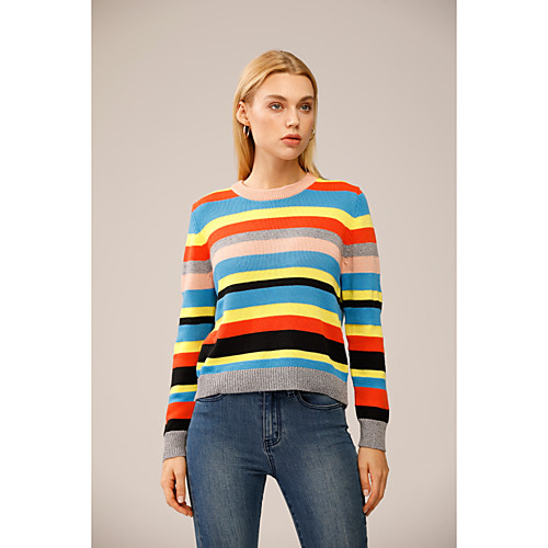 

Women's Stripe Knitted Striped Color Block Pullover Long Sleeve Sweater Cardigans Crew Neck Fall Winter Orange