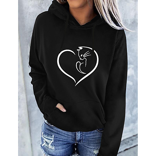 

Women's Pullover Hoodie Sweatshirt Cat Graphic Heart Front Pocket Daily Basic Casual Hoodies Sweatshirts White Black
