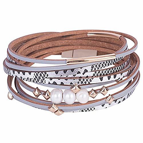 

women multi-layer leather wrap bracelet handmade wristband braided rope cuff bangle with magnetic buckle jewelry (pearls-silver)
