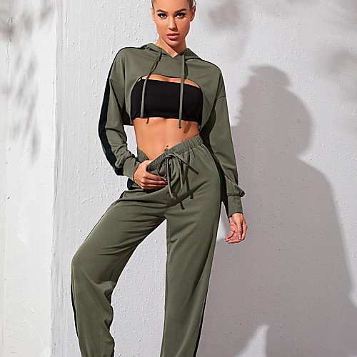 

Women's 2pcs Yoga Suit Winter Stripes Green Spandex Yoga Fitness Running Crop Top Cropped Pants Clothing Suit Long Sleeve Sport Activewear Breathable Quick Dry Stretchy