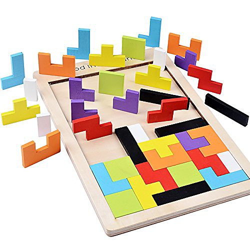

wooden puzzle tetris tangram children stacking game colorful wood geometric shapes and colors with box puzzle games (pack of 1)