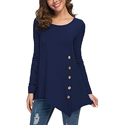 

women's button long sleeve tunic asymmetrical top blouse navy blue x-large