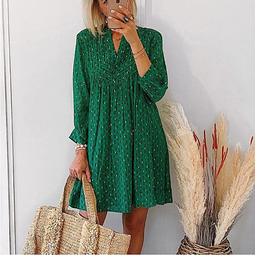 

Women's Chiffon Dress Short Mini Dress Green 3/4 Length Sleeve Print Print Spring Summer Shirt Collar Casual vacation dresses Lantern Sleeve 2021 S M L XL XXL