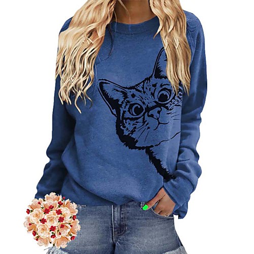 

Women's T-shirt Cat Animal Cartoon Long Sleeve Round Neck Tops Basic Top Blue Red Light Brown