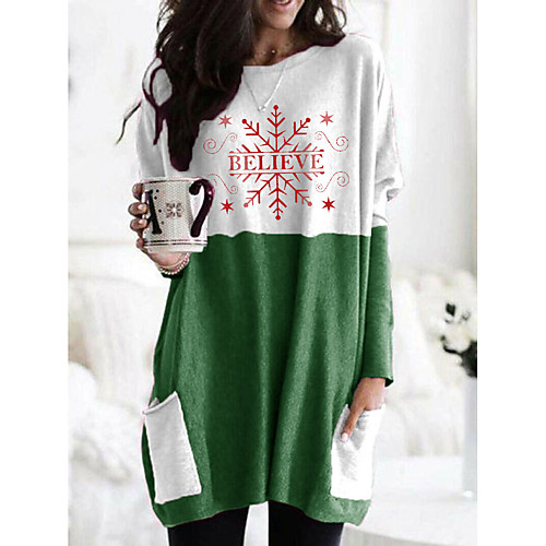 

Women's T Shirt Dress Tee Dress Short Mini Dress Red Green Long Sleeve Print Color Block Pocket Print Fall Spring Round Neck Casual Christmas 2021 S M L XL XXL 3XL / Plus Size