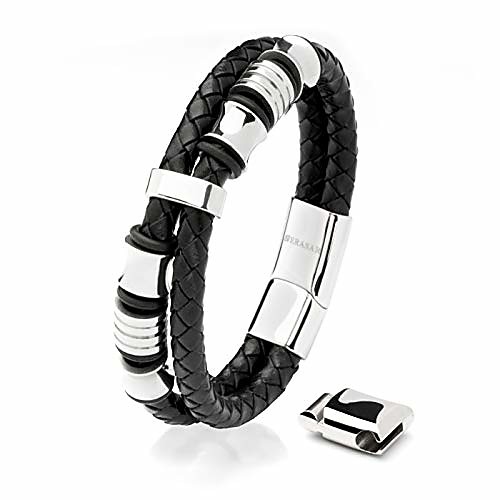

8″ silver leather bracelets for men - mens bracelets cowhide gift-box braided bracelet stainless steel jewelry wrist-band cuff wrap rope bangle dad boy pulseras para hombres cuero regalo