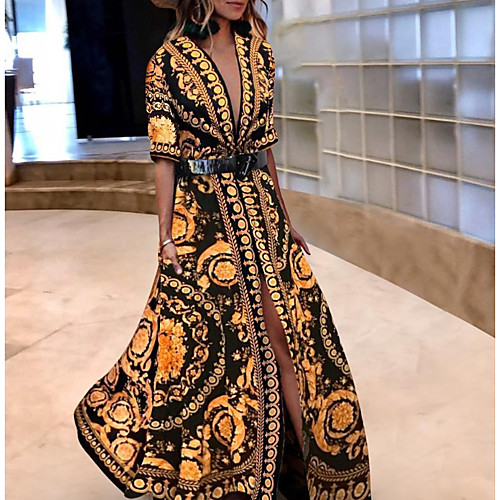 

Women's Swing Dress Maxi long Dress Brown Long Sleeve Print Patchwork Print Fall Spring V Neck Formal Sexy vacation dresses 2021 S M L XL