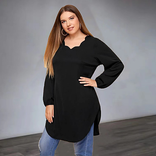 

Women's Tunic Plain Long Sleeve Patchwork Round Neck Tops Basic Top Black