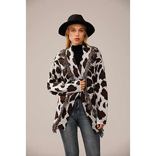 

Women's Tassel Knitted Leopard Cardigan Acrylic Fibers Long Sleeve Sweater Cardigans Shirt Collar Fall Winter Brown