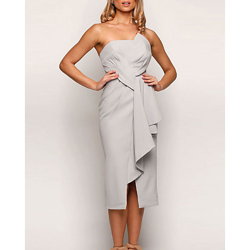 

Sheath / Column Strapless Tea Length Jersey Bridesmaid Dress with Split Front / Ruching