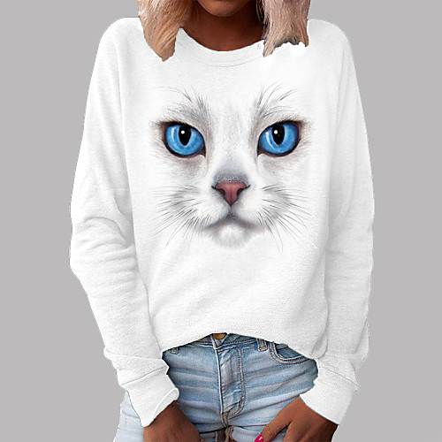 

Women's Pullover Sweatshirt Cat Graphic 3D Print Daily 3D Print Basic Casual Hoodies Sweatshirts White