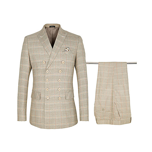 

Khaki Checkered Standard Fit Polyster / Cotton Suit - Peak Double Breasted Six-buttons / Suits