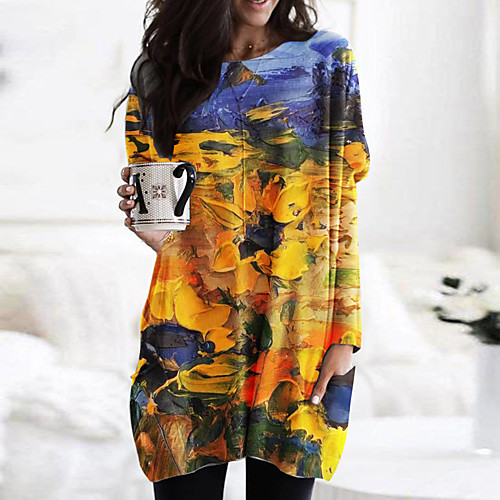 

Women's Shift Dress Short Mini Dress Orange Long Sleeve Print Print Fall Spring Round Neck Casual 2021 M L XL XXL 3XL