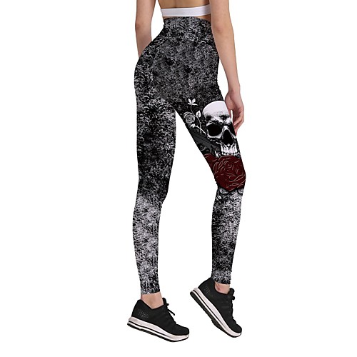 

Women's Yoga Chino Comfort Daily Gym Leggings Pants Floral Skull Ankle-Length Print Black