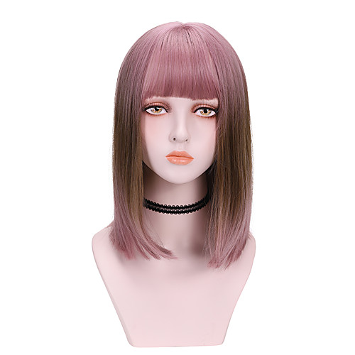 

Synthetic Wig Straight With Bangs Wig Medium Length Brown Pink Synthetic Hair 14 inch Women's Cool Color Gradient Comfy Pink Brown