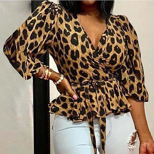 

Women's Plus Size Blouse Leopard Long Sleeve V Neck Tops Basic Top Yellow Light Brown Gray