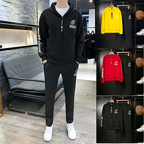

Men's 2 Piece Tracksuit Sweatsuit Street Casual Long Sleeve 2pcs Spandex Breathable Sweat Out Sweat wicking Fitness Jogging Sportswear Solid Colored Outfit Set Hoodie Black Yellow Red Activewear