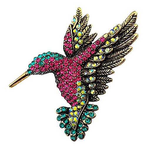 

antique gold tone bird hummingbird multi color austrian crystal pin brooch