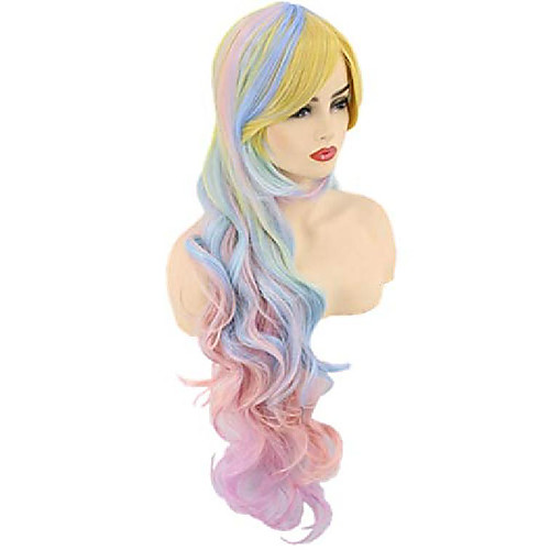 

womens or girls unicorn wig long wavy colorful pink blue halloween costume wigs rainbow cosplay wig