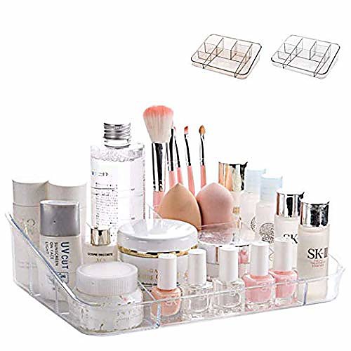 

makeup organizer tray brush holder cosmetic display case storage box for vanity countertop bathroom drawers, 8 compartments, crystal brown acrylic