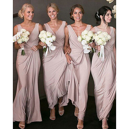 

A-Line V Neck Floor Length Jersey Bridesmaid Dress with Ruching