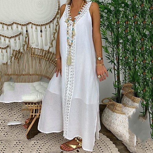

Women's Swing Dress Maxi long Dress White Black Blue Blushing Pink Sleeveless Solid Color Lace Patchwork Fall V Neck Casual 2021 M L XL XXL 3XL 4XL 5XL / Plus Size