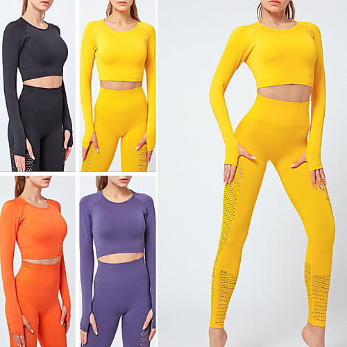 

Women's 2pcs Tracksuit Yoga Suit Winter Cut Out Solid Color Black Yellow Red Nylon Yoga Gym Workout Running Tights Long Sleeve Sport Activewear Breathable Power Flex Stretchy Slim