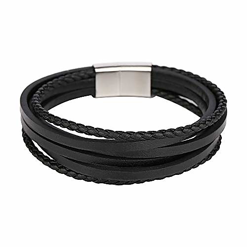 

mens leather bracelet with magnetic stainless steel clasp cowhide multi-layer braided leather mens bracelet