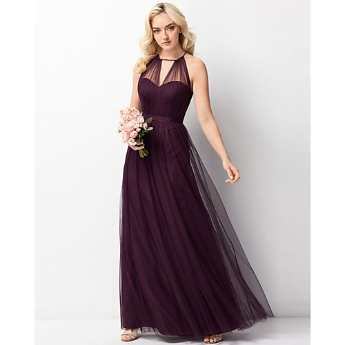 

A-Line Halter Neck Floor Length Chiffon / Tulle Bridesmaid Dress with