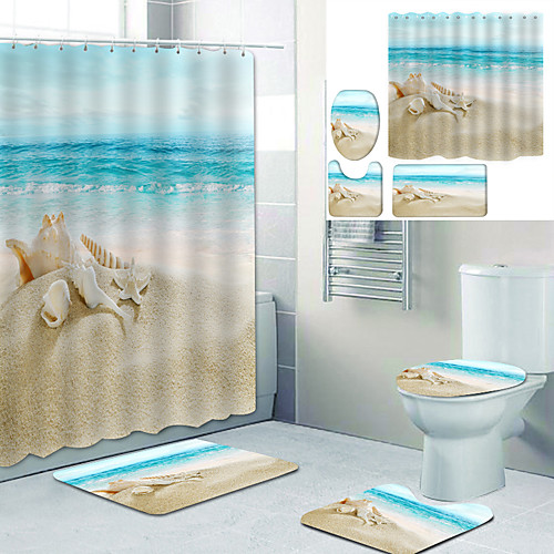 

Beautiful Beach Scenery Printed Bathtub Curtain Liner Covered With Waterproof Fabric Shower Curtain For Bathroom Home Decoration With Hook Floor Mat And Four-piece Toilet Mat