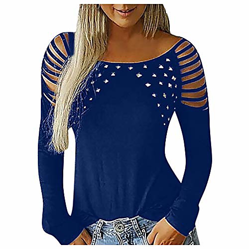 

women summer autumn spring fashion women casual bare shoulder long sleeve round neck t shirt cold shoulder loose tops blouse(a-blue,uk-14/cn-m)