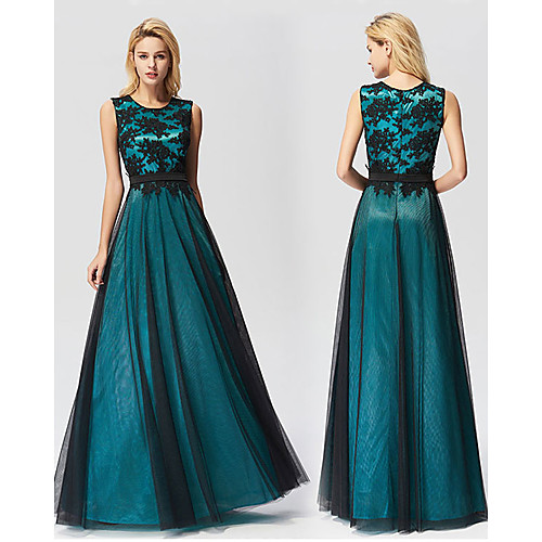 

A-Line Jewel Neck Floor Length Tulle Bridesmaid Dress with Pleats / Appliques