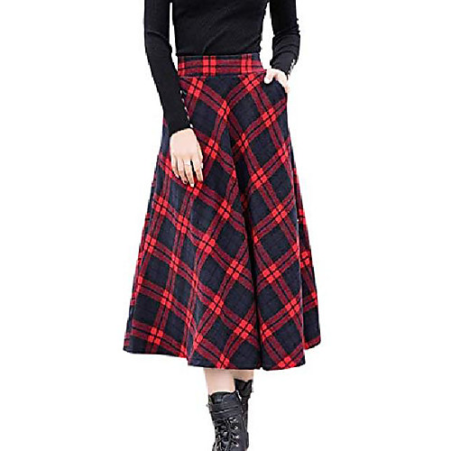 

women's classic wool blend high elastic waist long plaid skirt a line check flare swing midi skirts (28, red)