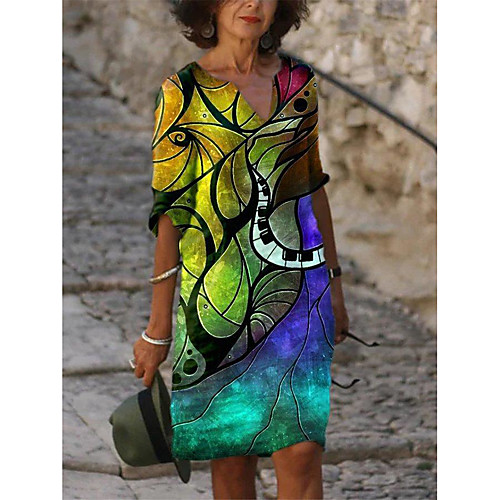 

Women's A Line Dress Knee Length Dress Blue Red Yellow 3/4 Length Sleeve Print Color Gradient Print Summer V Neck Elegant Casual 2021 S M L XL XXL 3XL 4XL 5XL