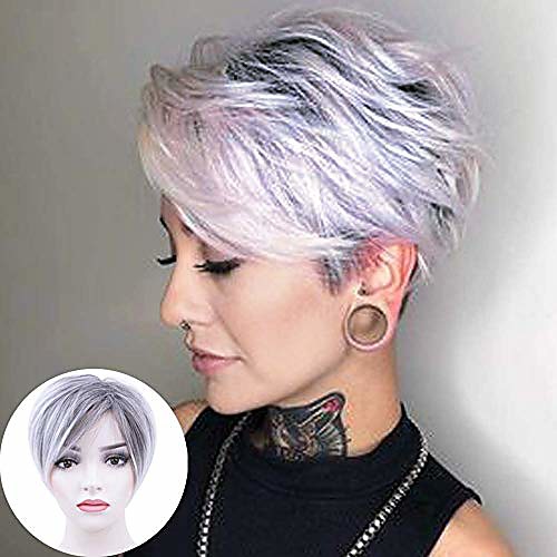 

pixie cut wig short synthetic wig layered straight hair wig bangs for women cosplay (ombre roots dark brown mixed)