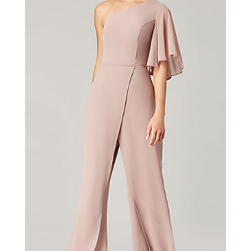

Jumpsuits One Shoulder Floor Length Chiffon Bridesmaid Dress with Ruching