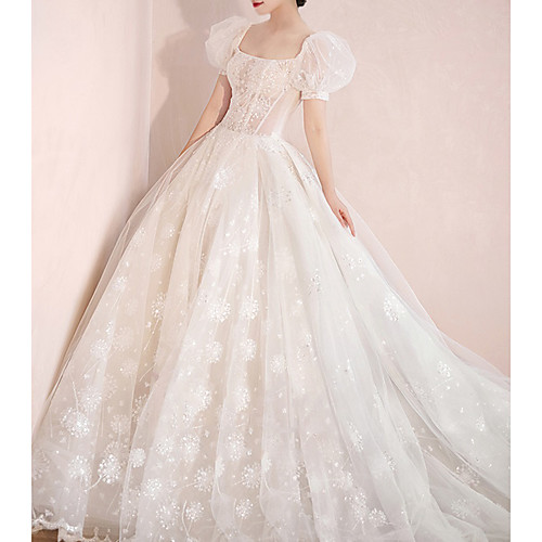 

Princess Ball Gown Wedding Dresses Bateau Neck Chapel Train Lace Short Sleeve Formal Romantic with Pleats Appliques 2021