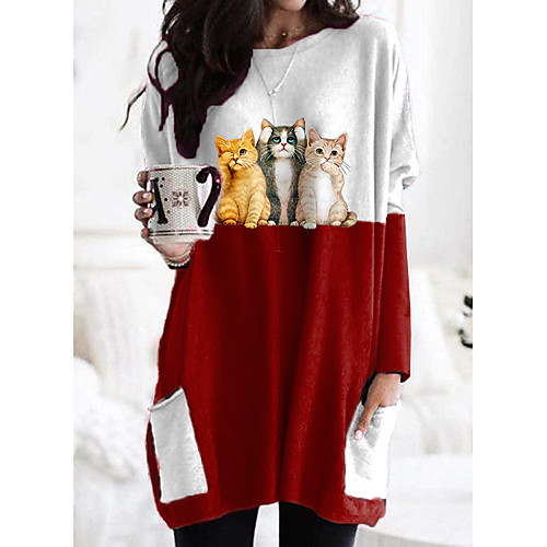 

Women's T shirt Dress Cat Graphic Prints Long Sleeve Pocket Patchwork Round Neck Tops Basic Basic Top Black Orange Gray
