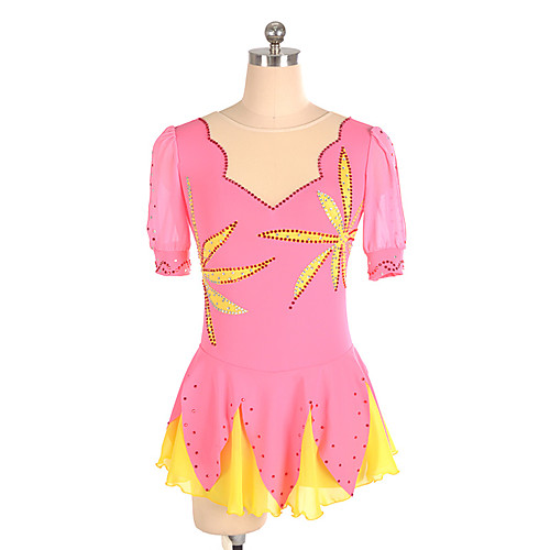 

Figure Skating Dress Women's Girls' Ice Skating Dress Pink Patchwork Asymmetric Hem Spandex High Elasticity Training Competition Skating Wear Crystal / Rhinestone Half-Sleeve Ice Skating Figure