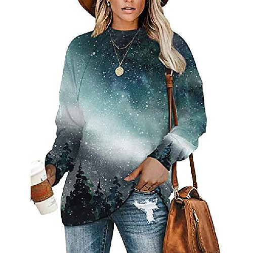 

women's ladies new starry sky printed crewneck long sleeve tops casual graphic sweatshirt tops loose blouse shirts small