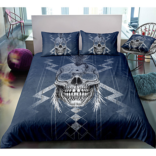

Skull Series Blue 3-Piece Duvet Cover Set Hotel Bedding Sets Comforter Cover with Soft Lightweight Microfiber For Room Decoration(Include 1 Duvet Cover and 1or 2 Pillowcases)