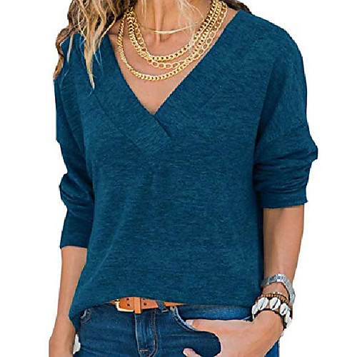 

ladies shirt v-neck tops casual long-sleeved shirt knitted solid color tops white, l)