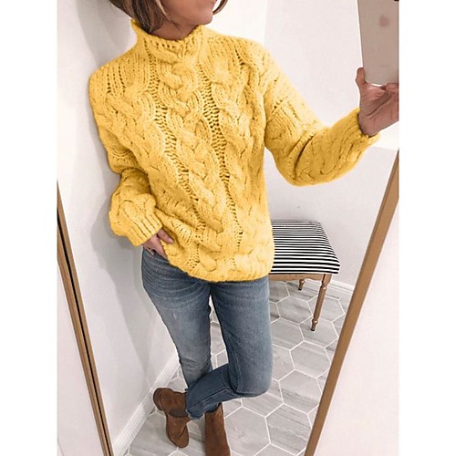 

Women's Knitted Solid Color Pullover Long Sleeve Sweater Cardigans Turtleneck Fall Winter Yellow Blushing Pink Beige